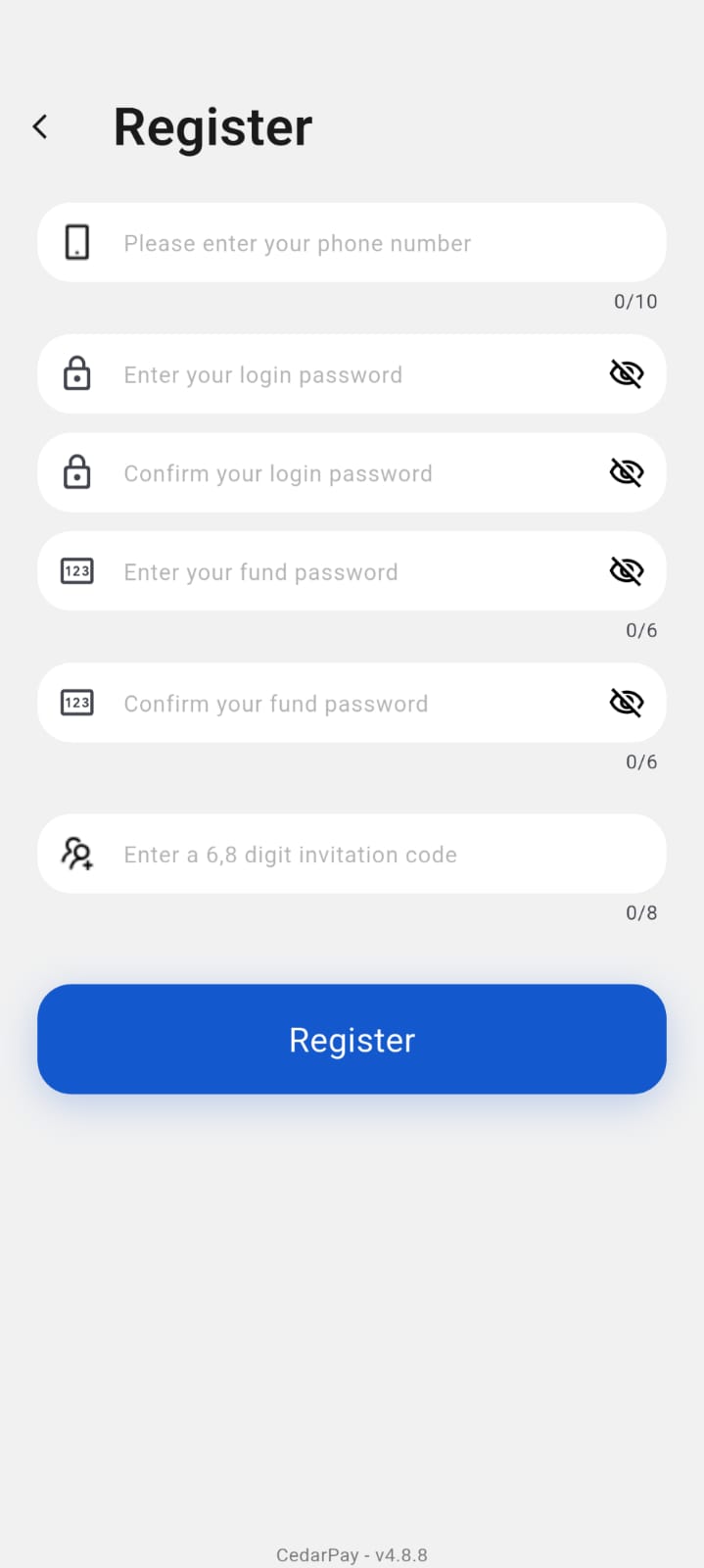 CedarPay App Registration Screen